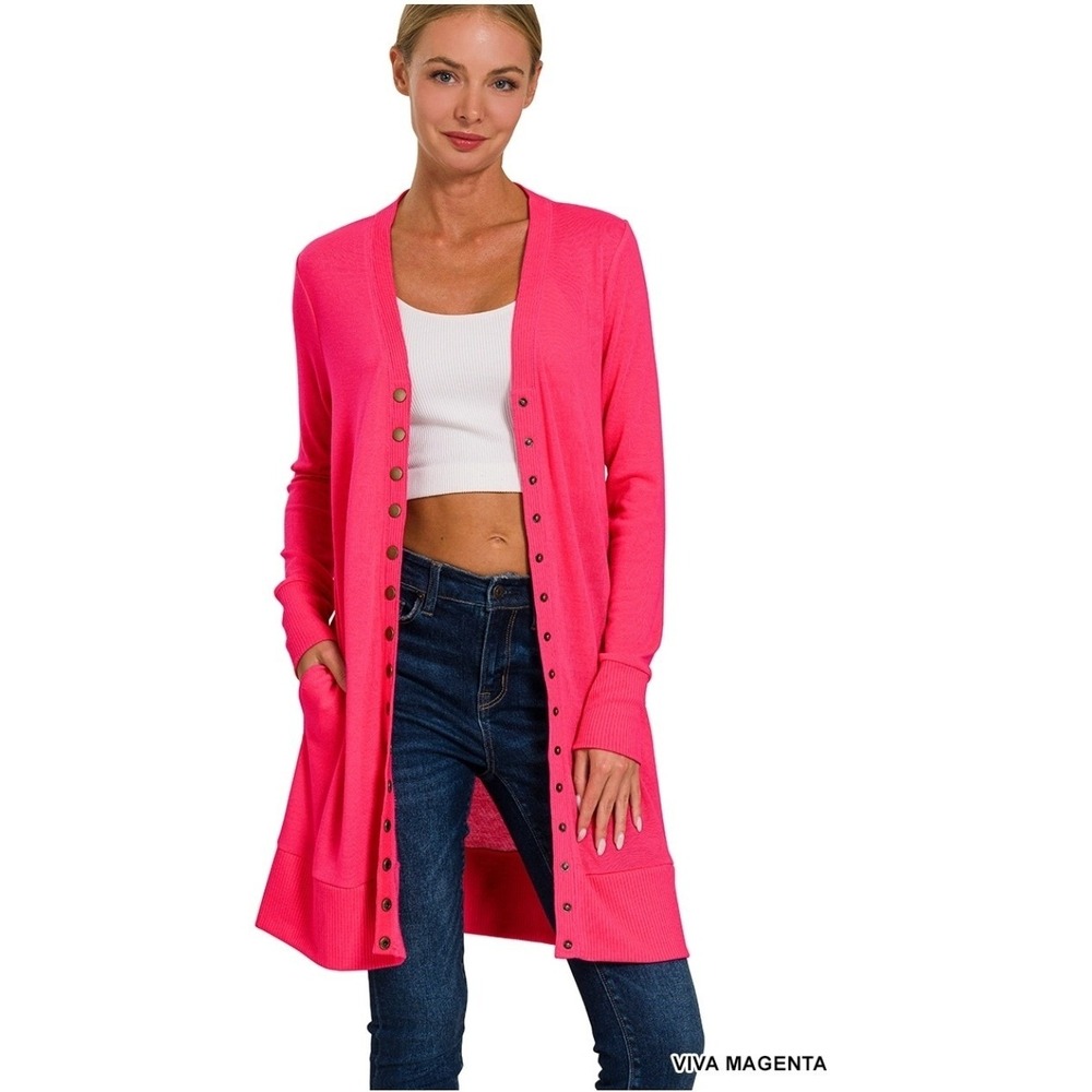 Zenana Viva Magenta‎ Snap Button Thigh-Length Ribbed Cardigan